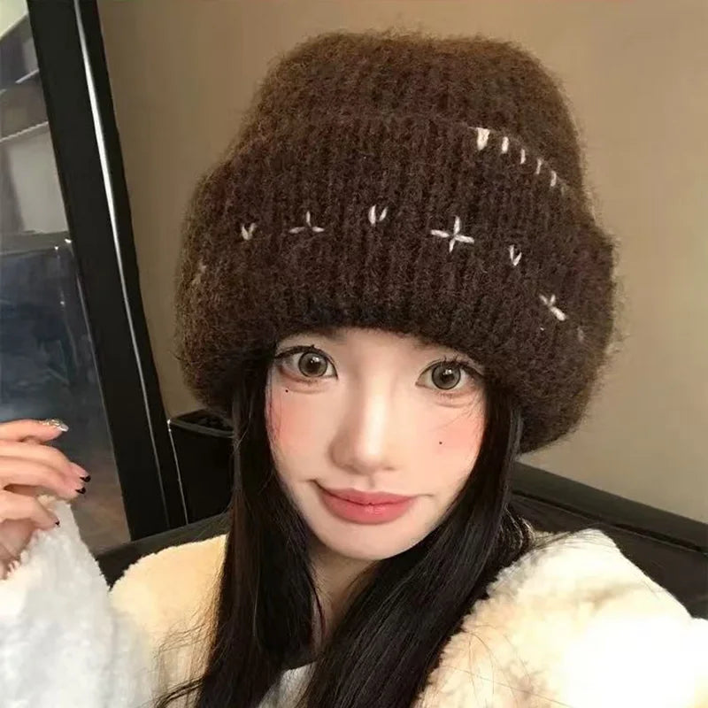 Women's Knit Thicken Beanie Winter Hat Soft Warm Stretchy Headwear Versatile Fashion Outdoor Cold Weather Ear Protecion Cap