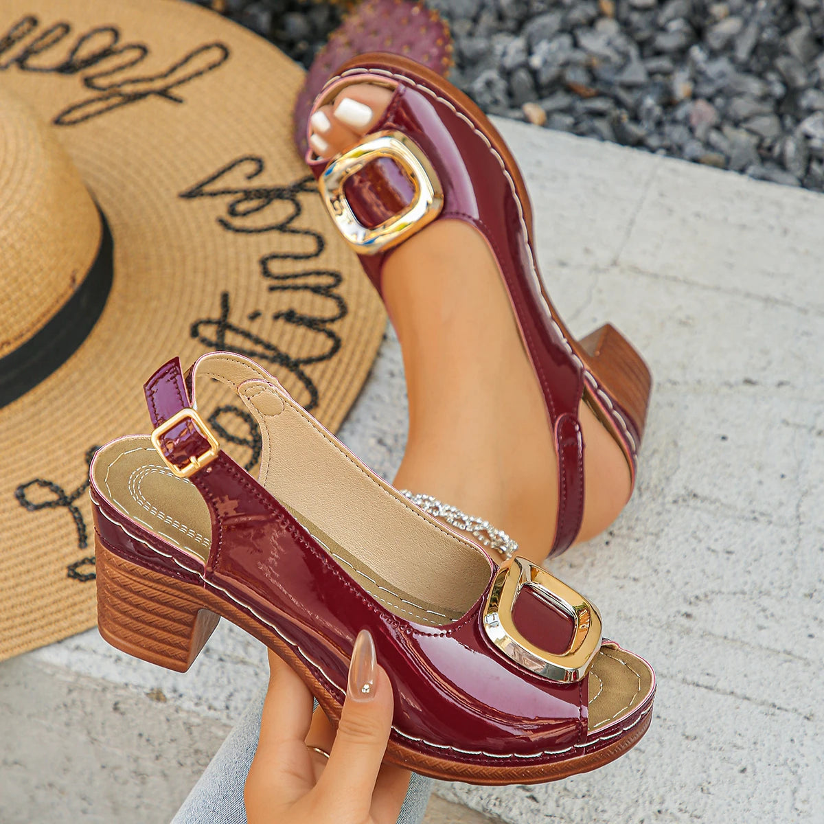 Women’s Patent Leather Platform High Heel Sandals Metal Ring Peep Toe Chunky Square Heel Back Strap Fashion Summer Dress Shoes