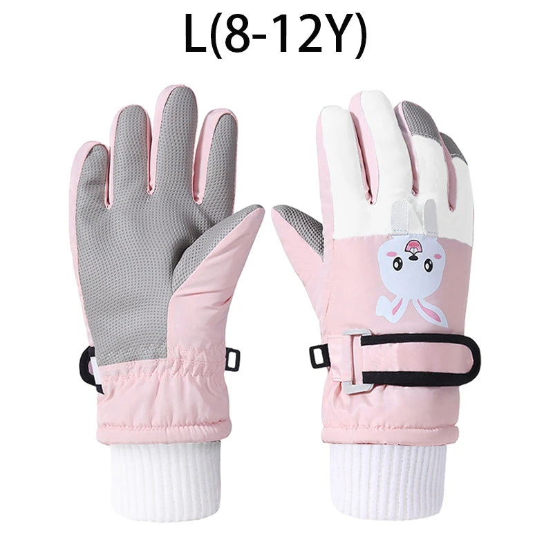 Winter Ski Gloves for Children Windproof Thickened Five-Finger Gloves Cartoon Printed Boys Girls Snow Warm Accessories 4-12Years