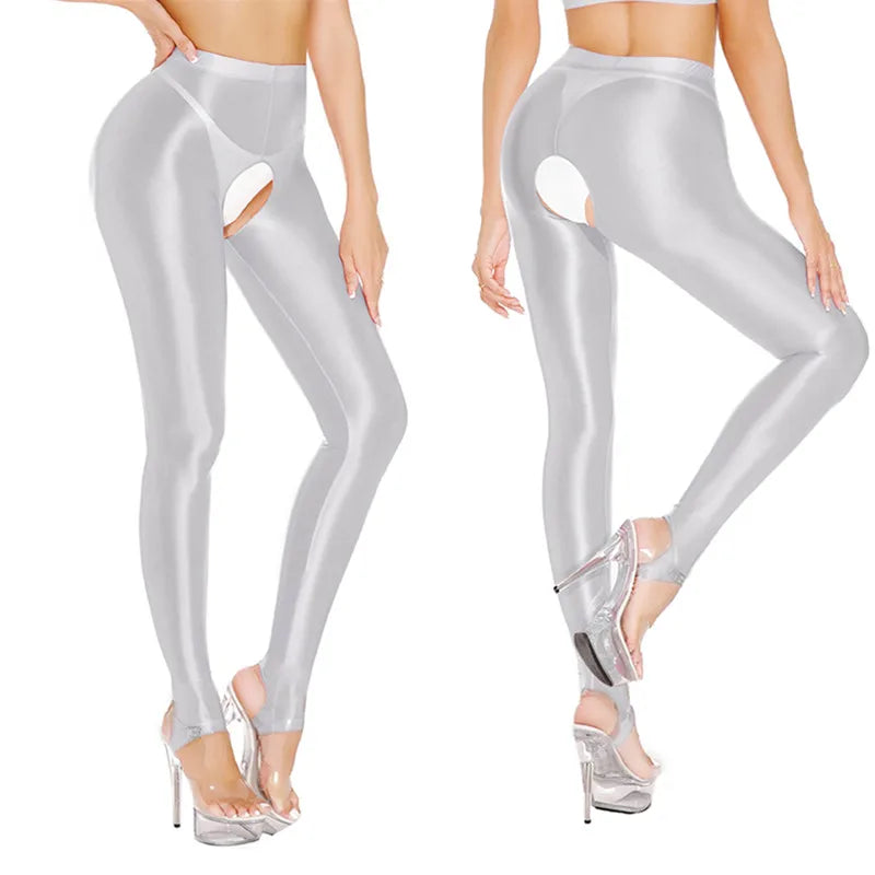 Womens Oil Glossy Open Crotch Leggings Sexy Crotchless Pants Elastic Waistband Stretchy Thigh Skinny Trouser for Yoga Nightwear