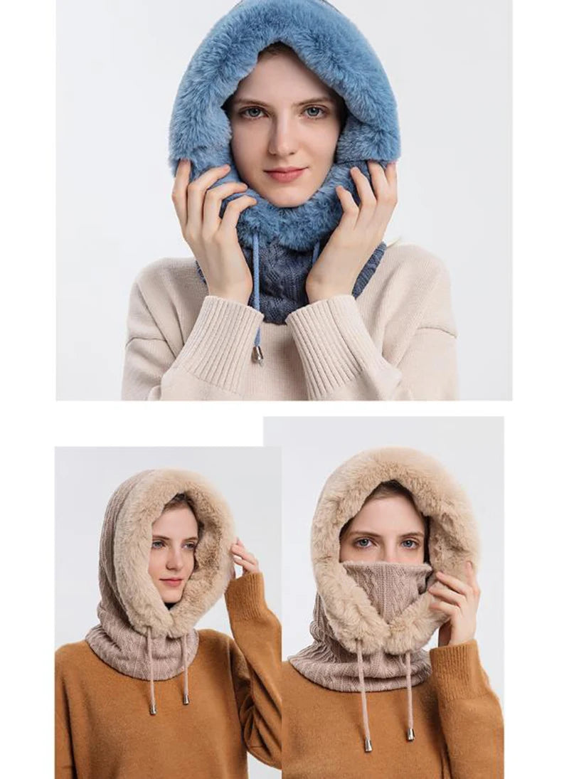 Winter Hat For Women Hooded Face Mask Fluff Keep Warm Thicken Style Neck Scarf Hooded Cap Beanie Knitted Cashmere Neck Warmer