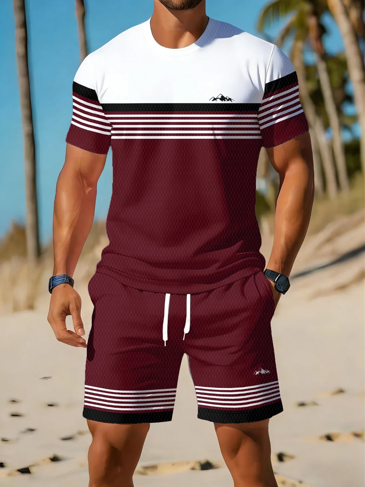 Casual Holiday Beach Men's T-shirt And Shorts 2 Pieces Sets Summer Men's Suit Clothing Stripe Print Short Sleeve Tee Shorts Set
