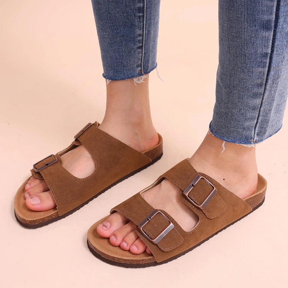Litfun Classic Leather Cork Slippers Women Fashion Suede Flats Sandals Thick Footbed Cork Slides Unisex Outdoor Beach Slippers
