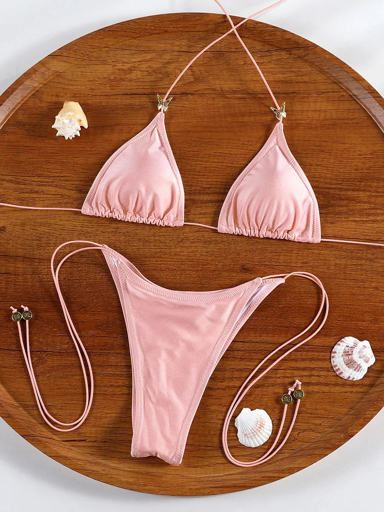 ZRTAK Sexy Bikinis Triangle Micro Swimwear Women Bathing Suit Pleated Blue Swimsuit Females Bikini Sets Thong Biquinis