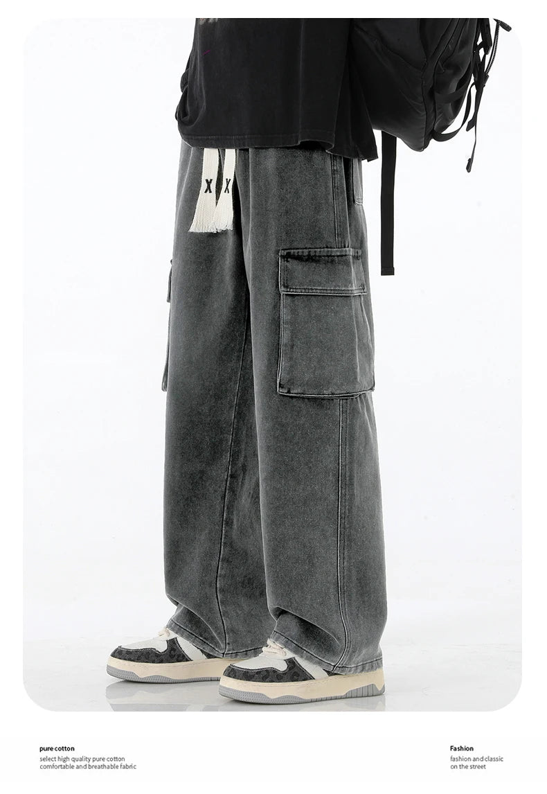 2024 New Men Baggy Cargo Jeans Fashion Streetwear Vintage Wide Leg Pants American Streetwear Y2K Big Pocket Youth Overalls