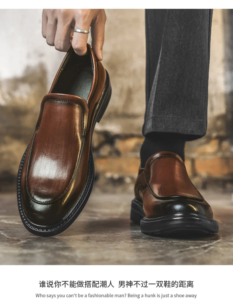 Men Vintage Burnished Leather Shoes 2026 Autumn New Trendy Low Top Slip On Casual Leather Shoes British Style Loafers For Men