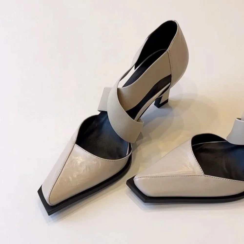 Women’s French Elegant Mary Jane Pumps with Cross Elastic Strap, Square Toe & Block Heel
