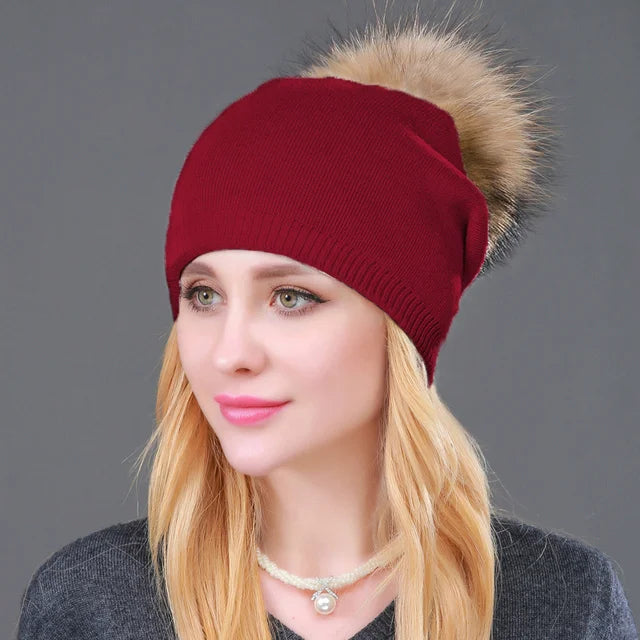 Autumn Winter Knitted Wool Hats For Women Fashion Pompon Beanies Fur Hat Female Warm Caps With Natural Genuine Raccoon Fur Cap