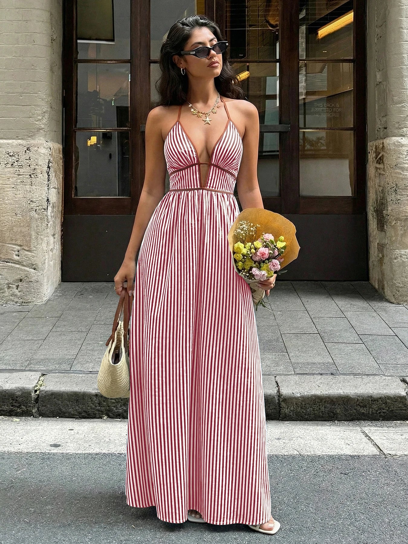 Women’s Striped Backless Maxi Dress