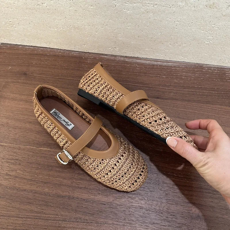 2026 Summer Breathable Hollow out Weave Women Ballet Flats Fashion Mary Janes Soft Soles Walking Loafers Casual Girls Shoes