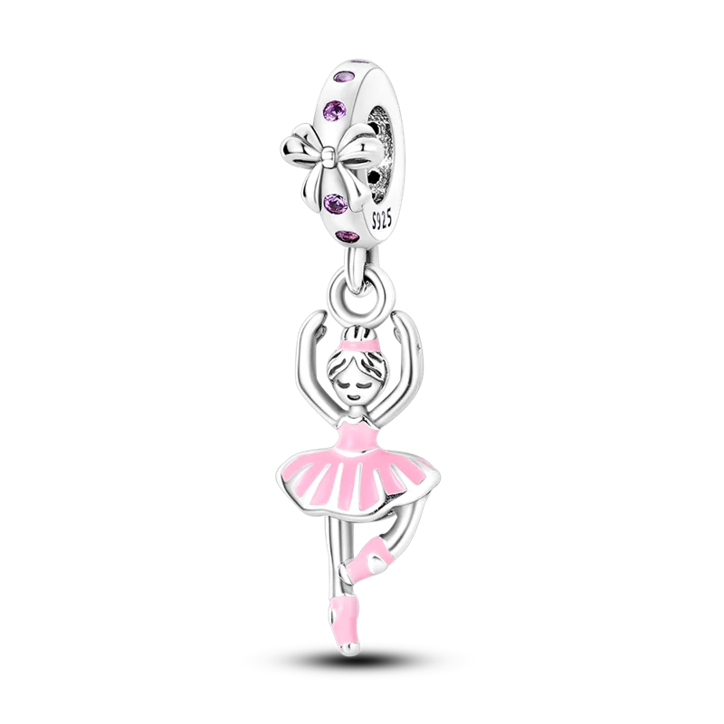925 Sterling Silver Pink Ballet Girl Bow Pendant Charm Bead for Women – Elegant DIY Jewelry Making Charm for Bracelets & Necklaces