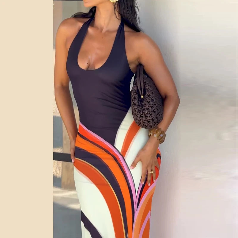 Women’s Sexy Printed Deep V-Neck Backless Maxi Dress