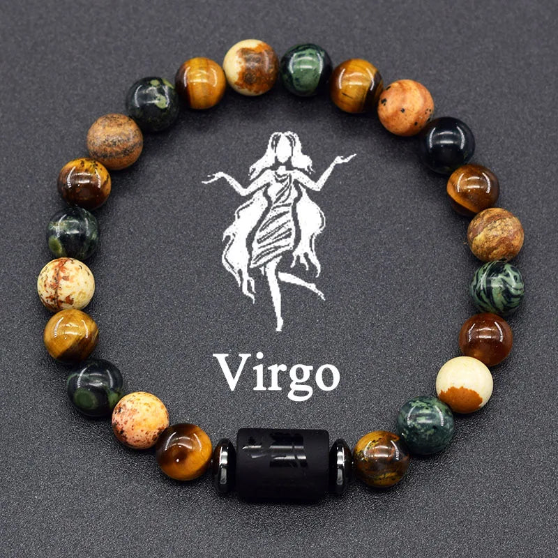 12 Zodiac Constellation Signs Bracelet for Men & Women – Natural Tiger Eye Stone Beaded Bracelet, Leo Taurus Charm Couple Jewelry