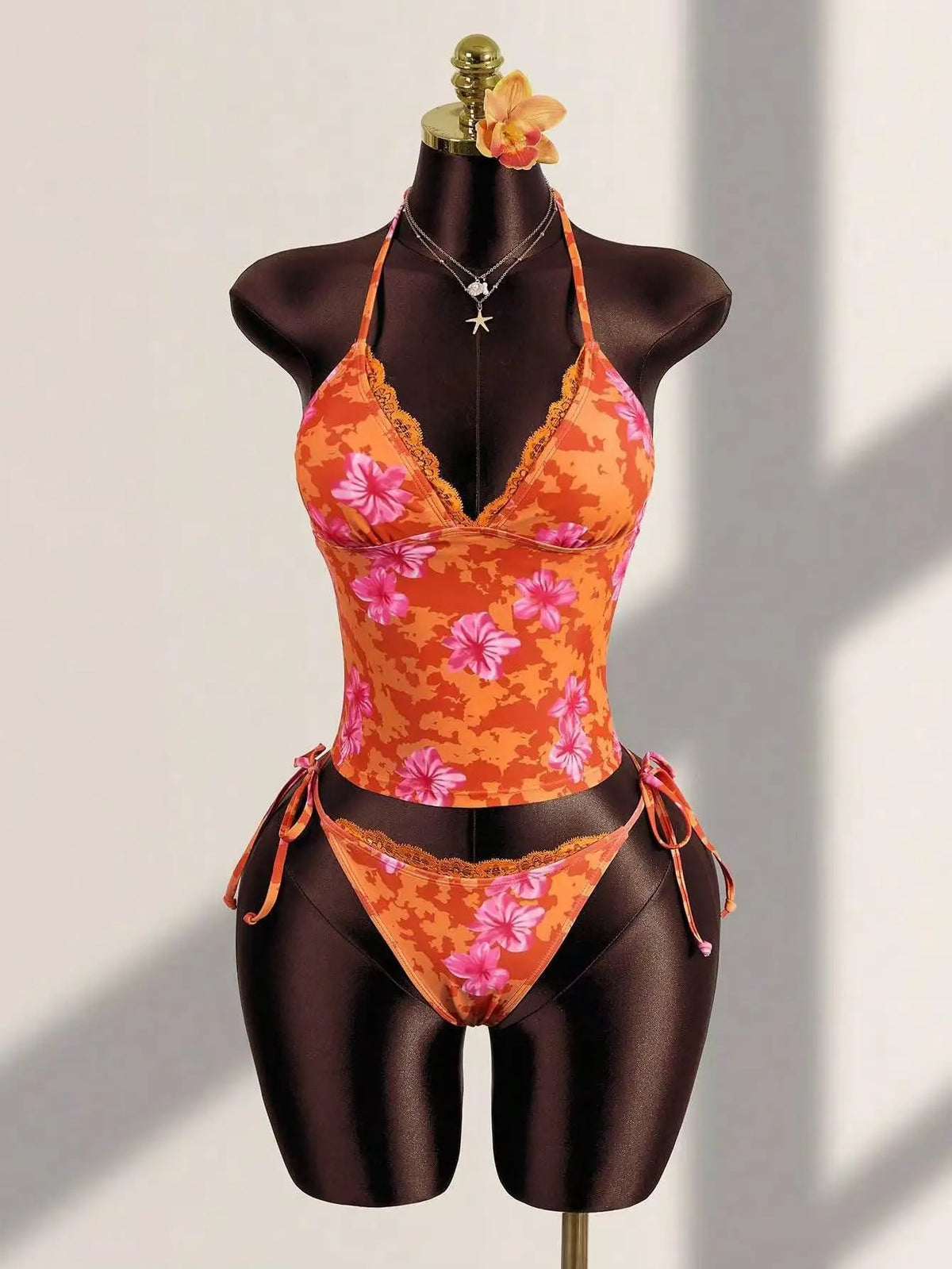 Women's Beach Vacation Swimsuit Orange Embellished Tropical Flower Print Lace Trim Halter Neck Tie Side 2 Piece Bikini Set 2026