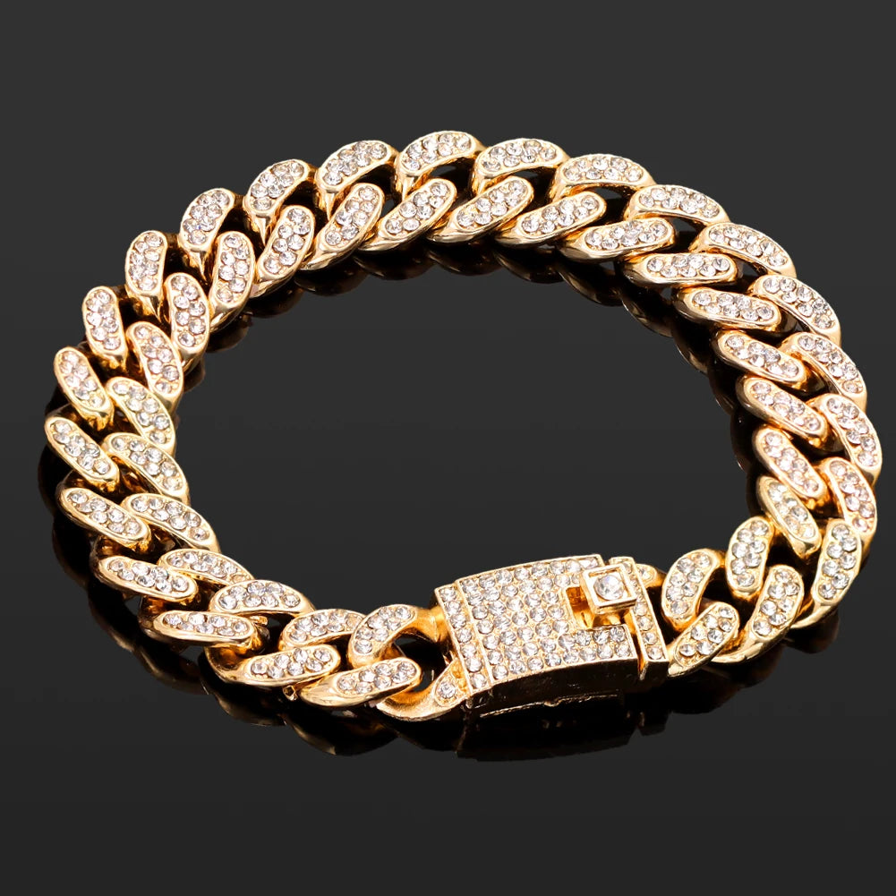 Iced Out Pink Cuban Bracelet Set for Women – 4Pcs Hip Hop Crystal Heart, Circle & Square Gold/Silver Tone Bracelets, Fashion Jewelry Gift