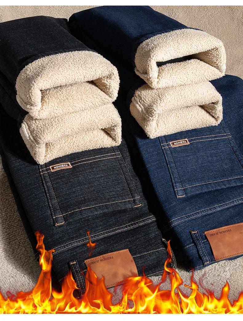 Plus Size 44 46 Casual Sherpa Warm Jeans Men Winter Velvet Thick Trousers Loose Straight Business Classic Fleece Denim Pants
