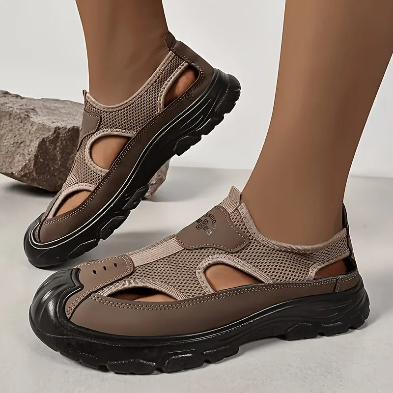 Men Closed Toe Hiking Sandals 2026 New Breathable Mesh Leather Slip On Outdoor Water Shoes Non Slip Thick Sole Beach Walking Sandals Black Brown Two Color Comfort Casual Footwear For Driving Fishing Travel Camping Daily Summe
