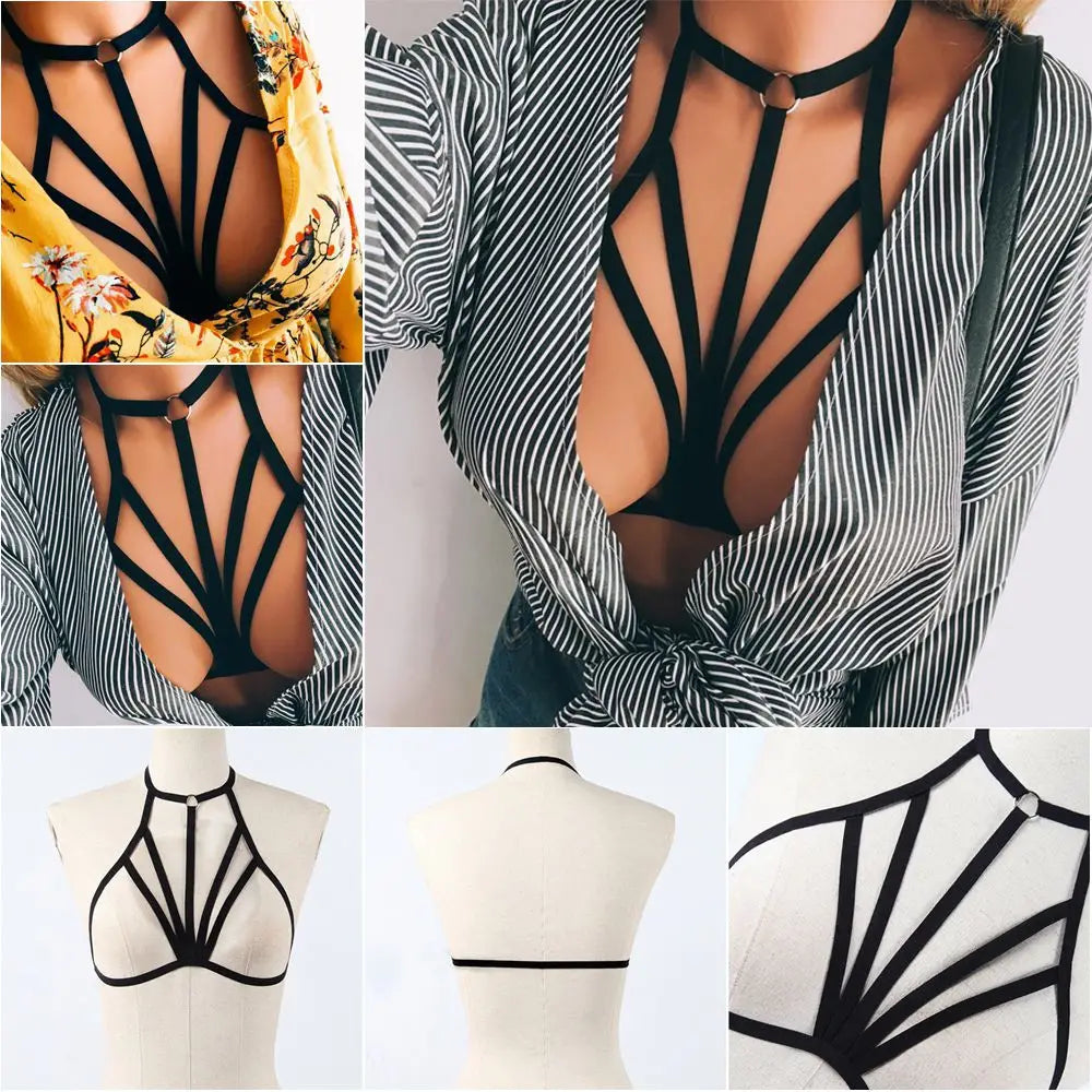 Fashion  Women's Sexy Black Lingerie Hollow Caged Harness Bra Tops Push Up Bralette Bustier Belt Bra