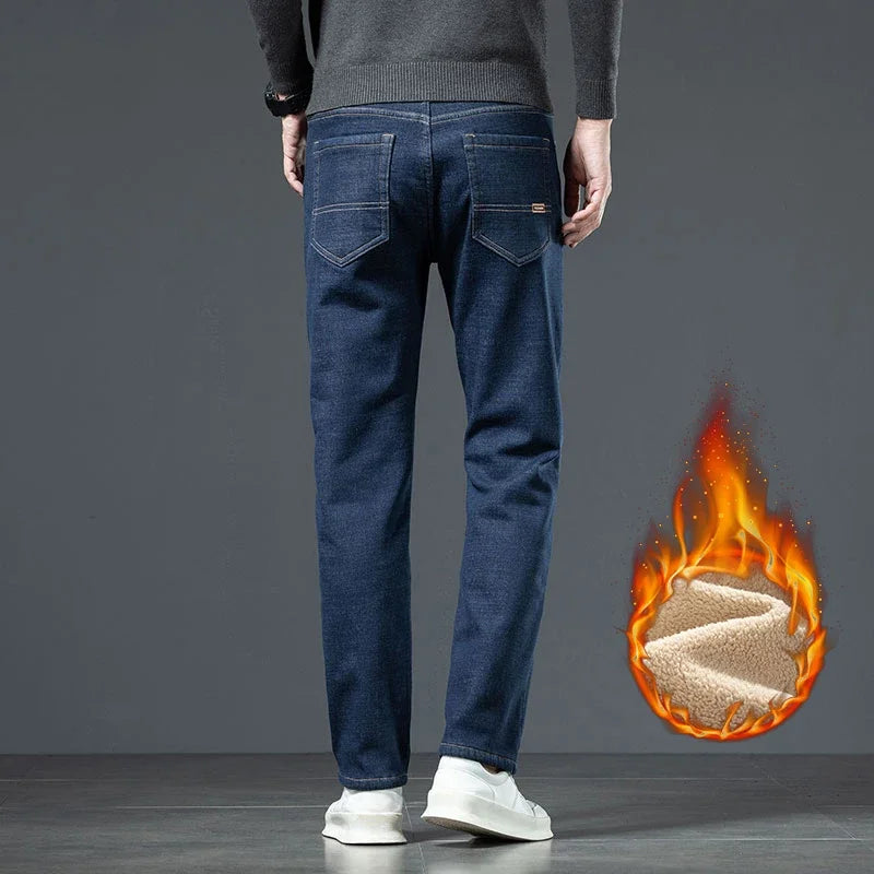 Plus Size 44 46 Casual Sherpa Warm Jeans Men Winter Velvet Thick Trousers Loose Straight Business Classic Fleece Denim Pants