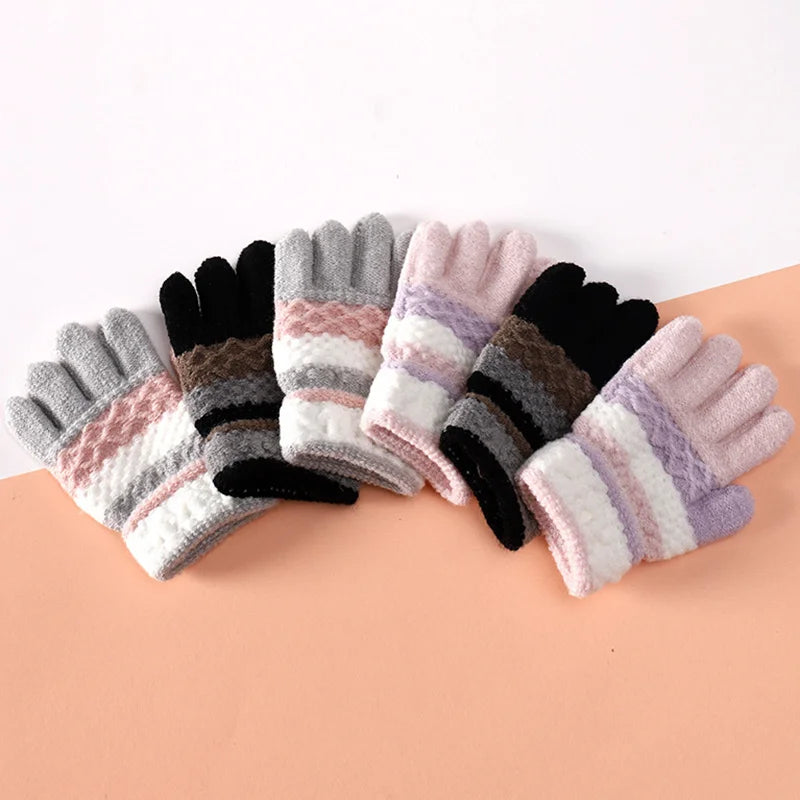 Winter Kids Gloves for Boys Girls Little Children Baby Full Finger Warm Stripes Knitted Casual Outdoor Accessories 3-7 Years