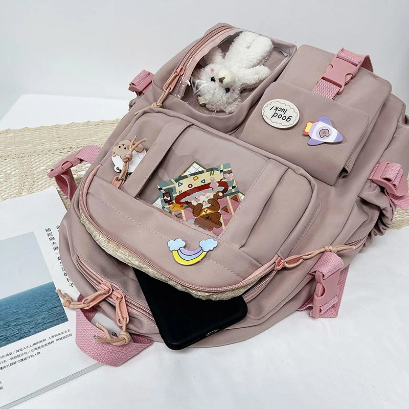 Cute Women’s Waterproof Nylon Backpack – Multi-Pocket Kawaii School Bag, Laptop & Book Pack for Girls, Stylish Student Travel Backpack
