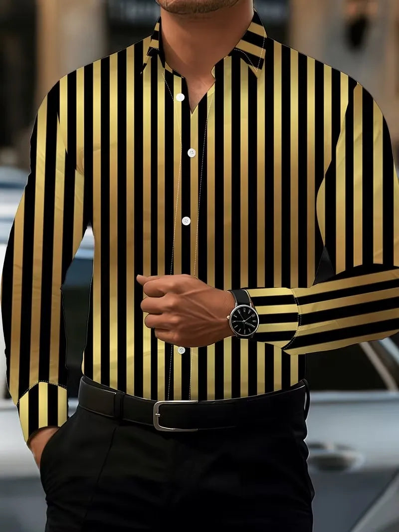 New blue and white geometric wave dynamic printed shirt with trendy technology for men's slim fit long sleeved shirt