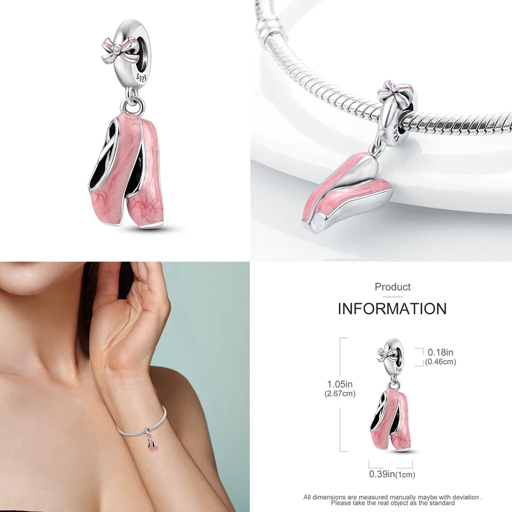 925 Sterling Silver Pink Ballet Girl Bow Pendant Charm Bead for Women – Elegant DIY Jewelry Making Charm for Bracelets & Necklaces