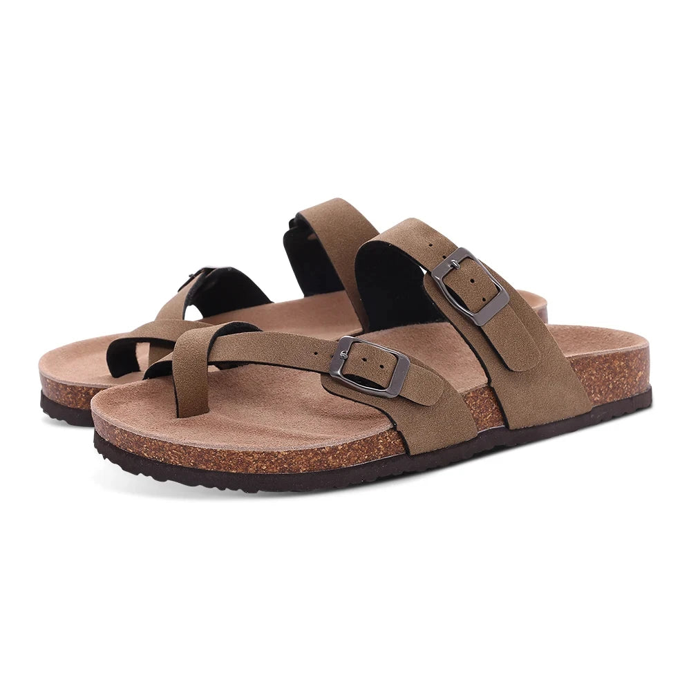 Litfun Classic Leather Cork Slippers Women Fashion Suede Flats Sandals Thick Footbed Cork Slides Unisex Outdoor Beach Slippers