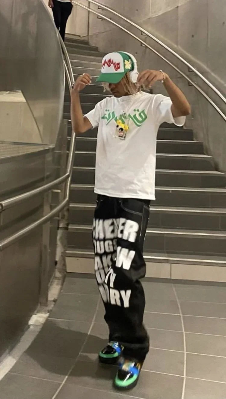 Y2k Wide Leg Jeans 2026 New Trend Hip Hop Letter Printed Black Pants Men Women Fashion Punk Loose Straight Trousers Streetwear