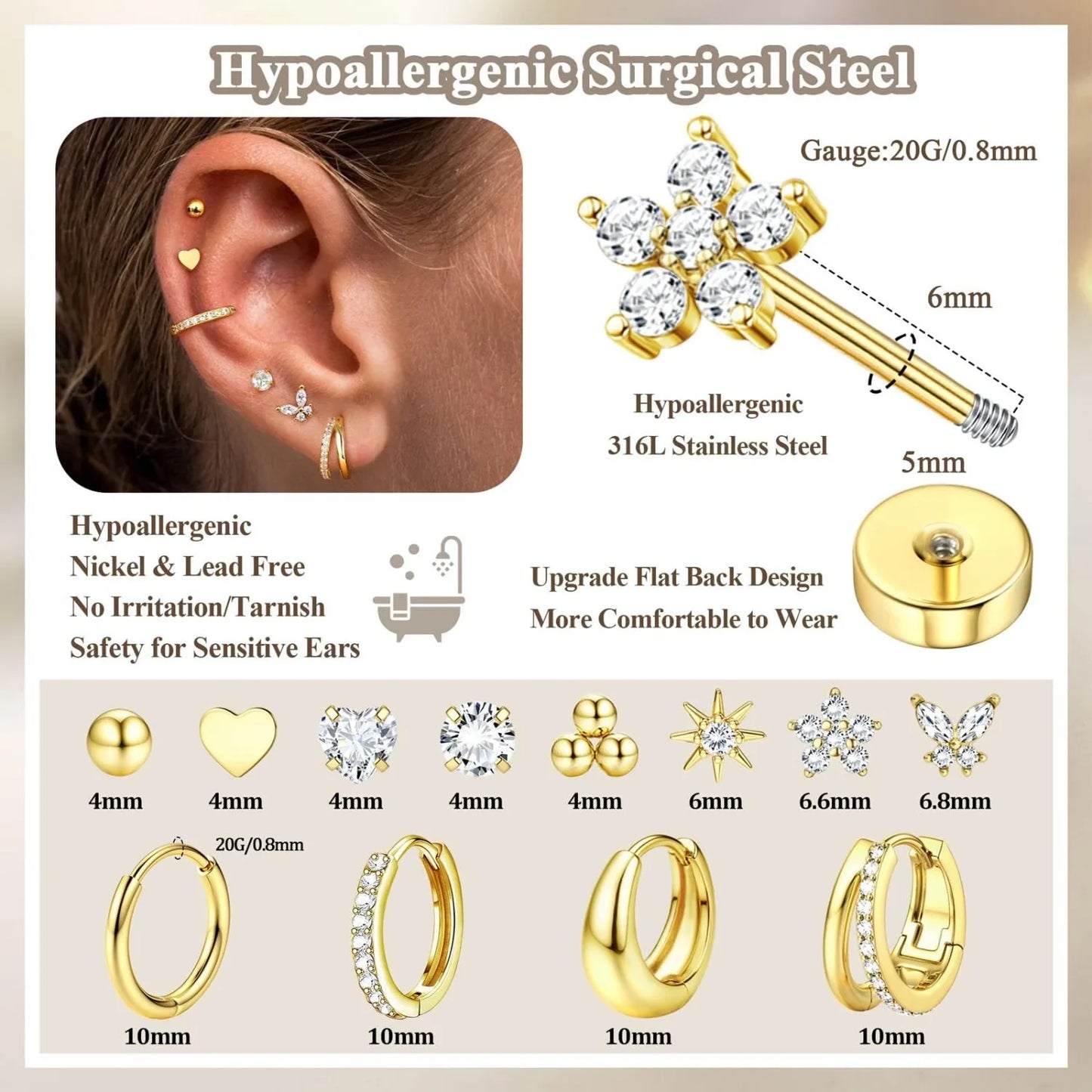 14K Gold-Plated Stainless Steel Classic Stud Earrings