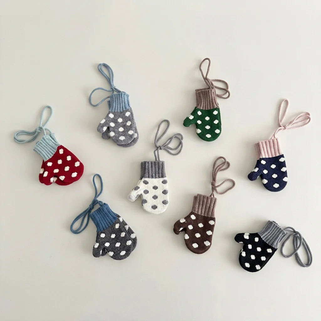Autumn Winter Baby Anti-lost Gloves Korean Fashion Polka Dot Mittens Kids Gloves Warm Knitted Toddler Gloves for Outdoor Wear