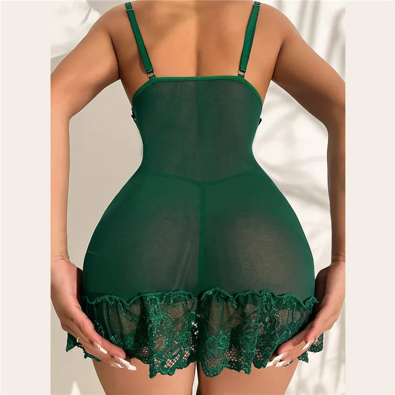 Sexy Sleepwear Deep-V Night Dress Women Nightgown Lace See-Through Nightie Lingerie Sleeveless Mini Dress Exotic Nightdress