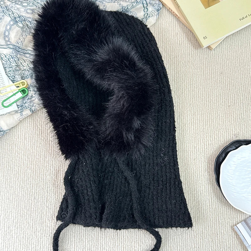 New Balaclava Women's Winter Wool Knitted Hat Ski Windproof Hat Thick Plush Fluffy Beanies Hood Pullover Hats for Riding Outdoor