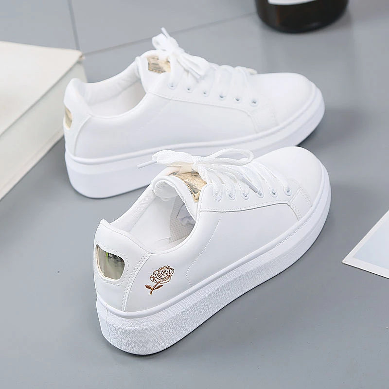 Women’s Floral Embroidered White Sneakers – Breathable PU Leather Lace-Up Casual Fashion Walking Shoes