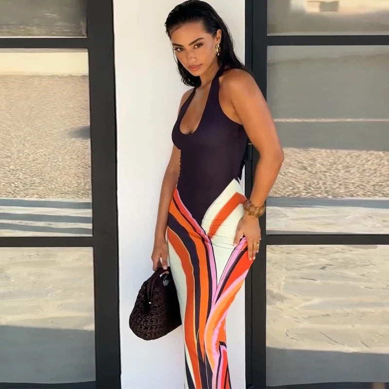 Women’s Sexy Printed Deep V-Neck Backless Maxi Dress