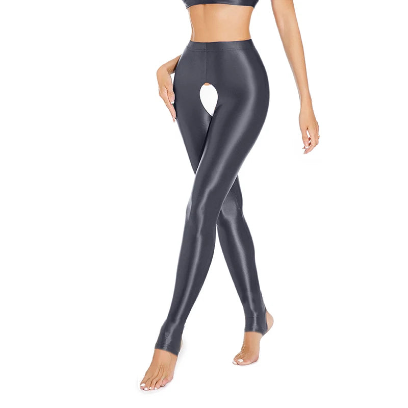Womens Oil Glossy Open Crotch Leggings Sexy Crotchless Pants Elastic Waistband Stretchy Thigh Skinny Trouser for Yoga Nightwear