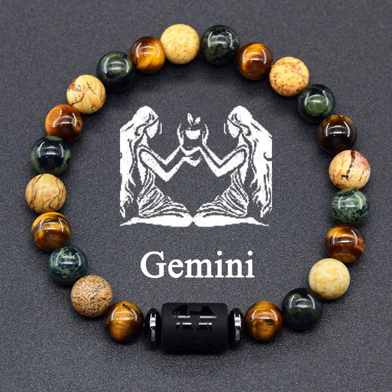 12 Zodiac Constellation Signs Bracelet for Men & Women – Natural Tiger Eye Stone Beaded Bracelet, Leo Taurus Charm Couple Jewelry