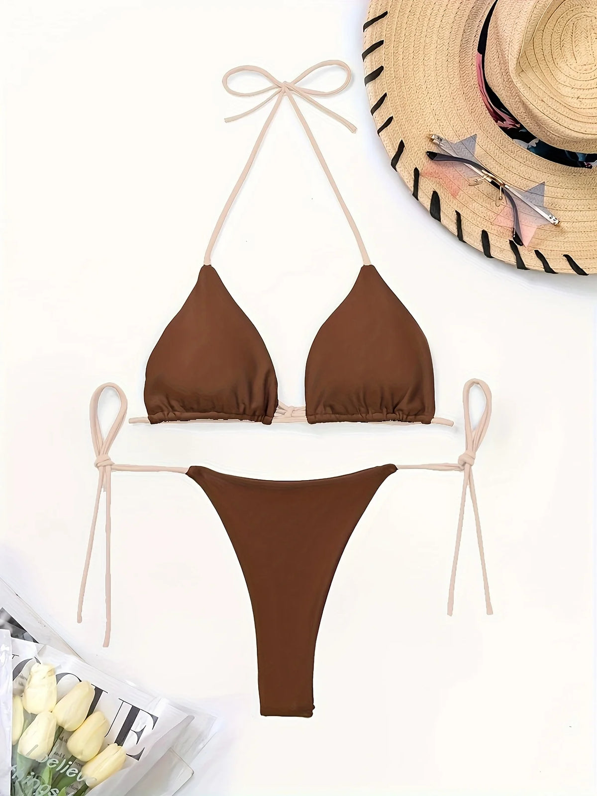2026 New Solid Color Bikini Set Women Halter Backless Triangle Top Tie Side Brazilian Thong Swimwear Two Piece Bathing Suit Beach