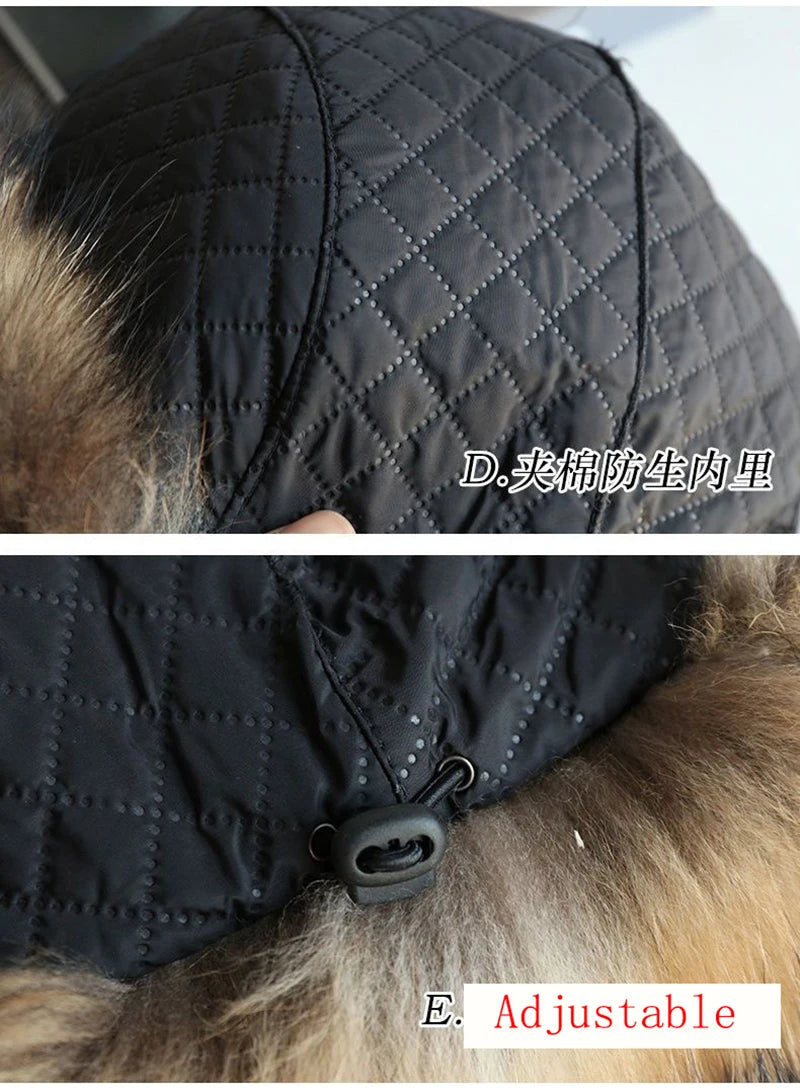 Natural Raccoon Fur Hat Women Black Fox Fur Russian Ushanka Hats Winter Warm Ears Bomber Cap