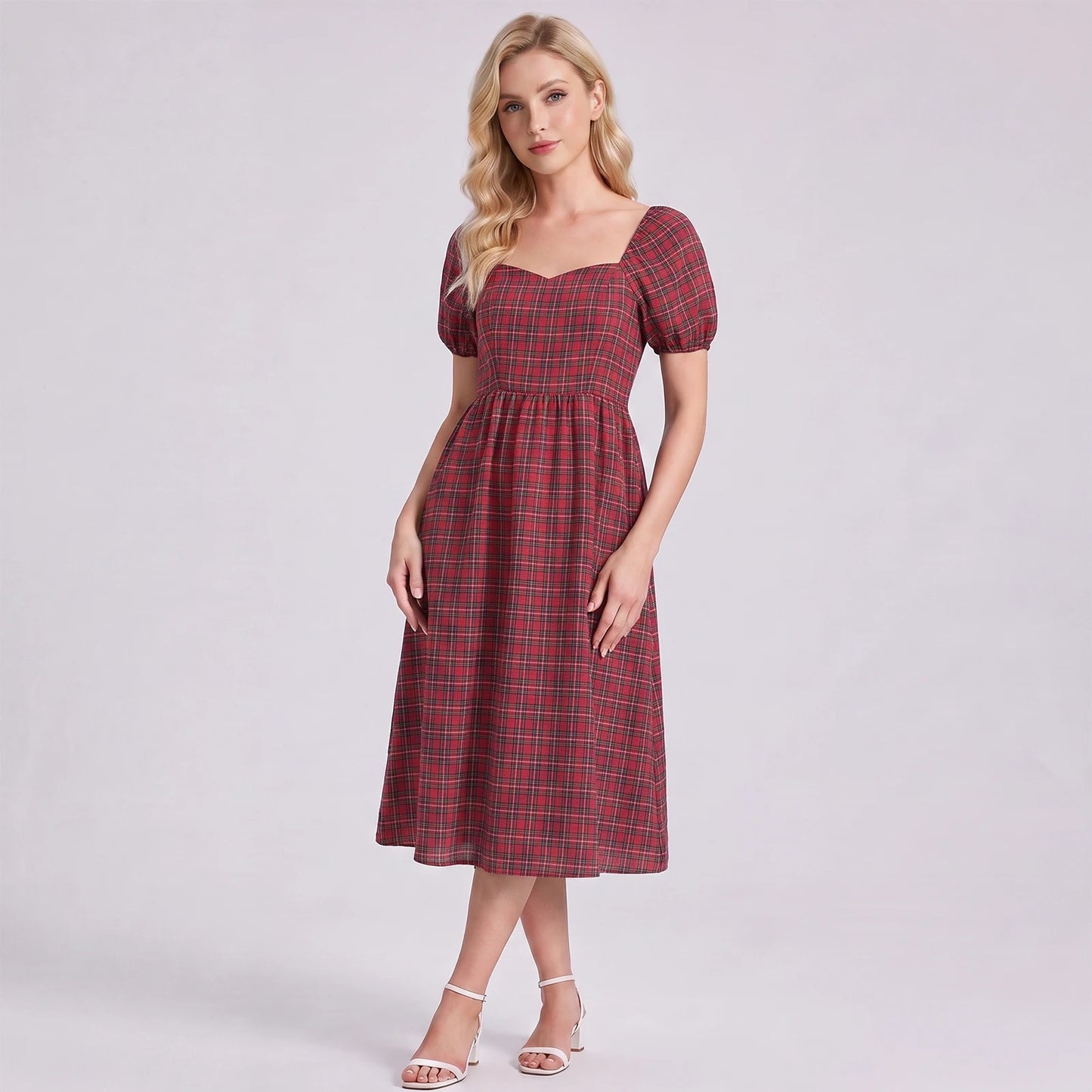 Plaid Puff-Sleeve Midi Dress