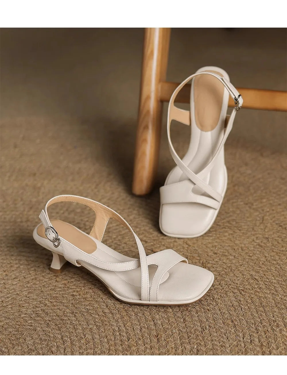 Women’s Elegant Square Toe Cross Strap Sandals Low Heel Buckle Soft Sole Comfortable Summer Dress Fashion Shoes