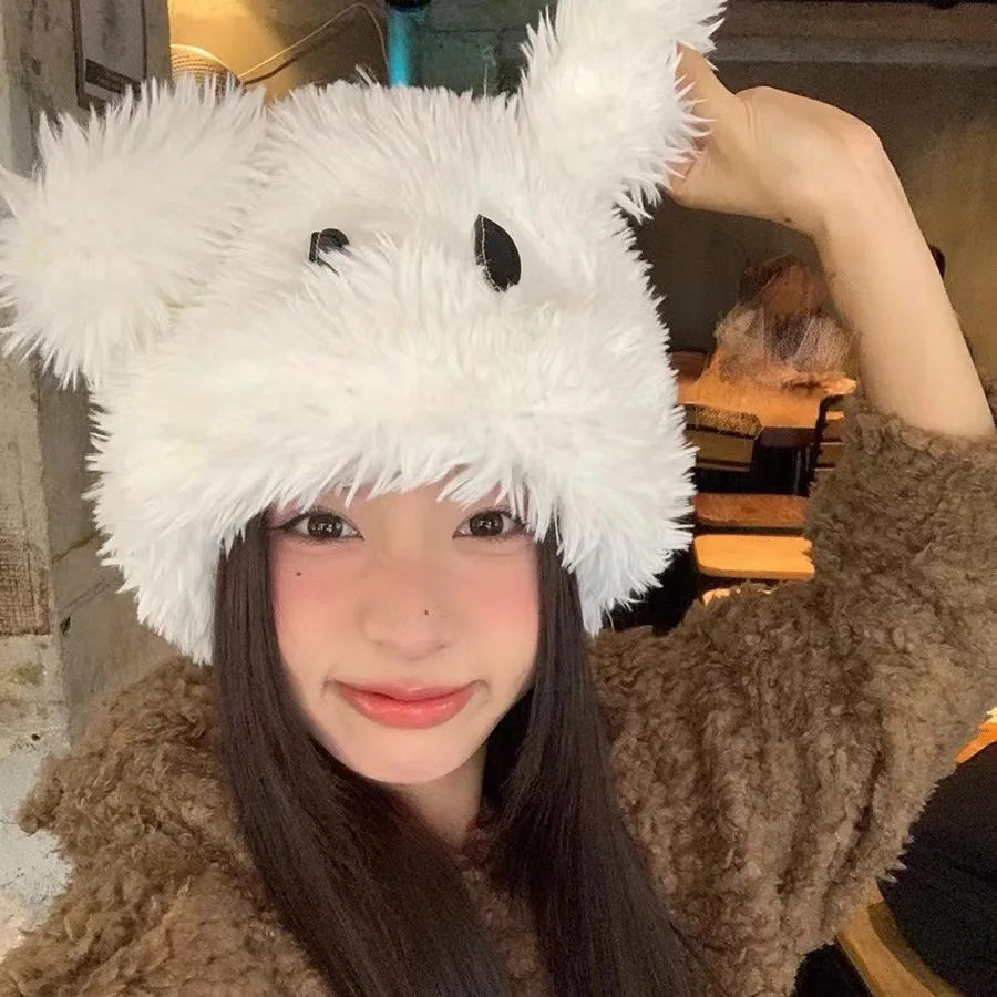 Women's Hats Autumn Winter New Cartoon Puppy 3d Ears Cute Kawaii Sweet Funny Warm Plush Thick Soft Fashionable Pullover Hats