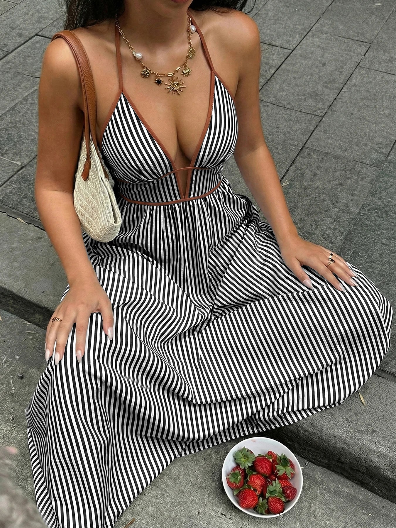 Women’s Striped Backless Maxi Dress