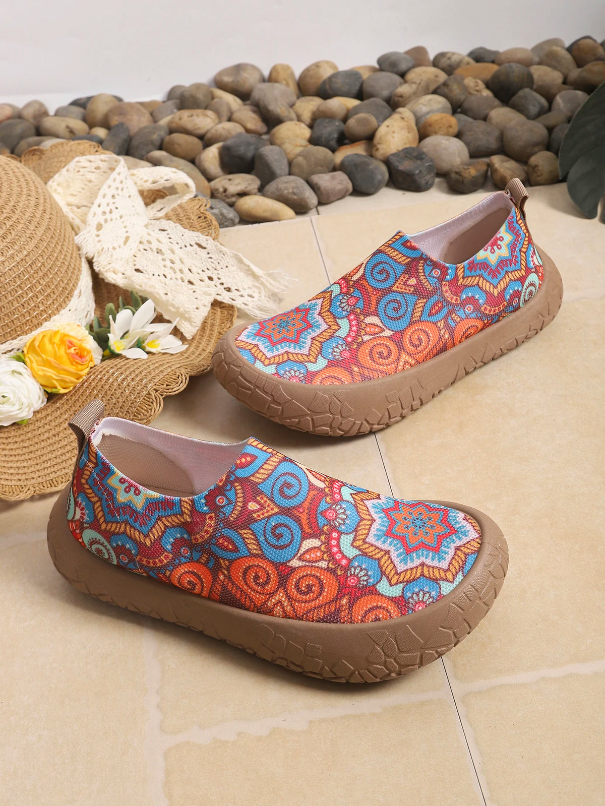 2026 Spring Autumn Women Tropical Print Slip On Sneakers Light Breathable Nonslip Mesh Casual Walking Shoes Daily Outdoor Commut