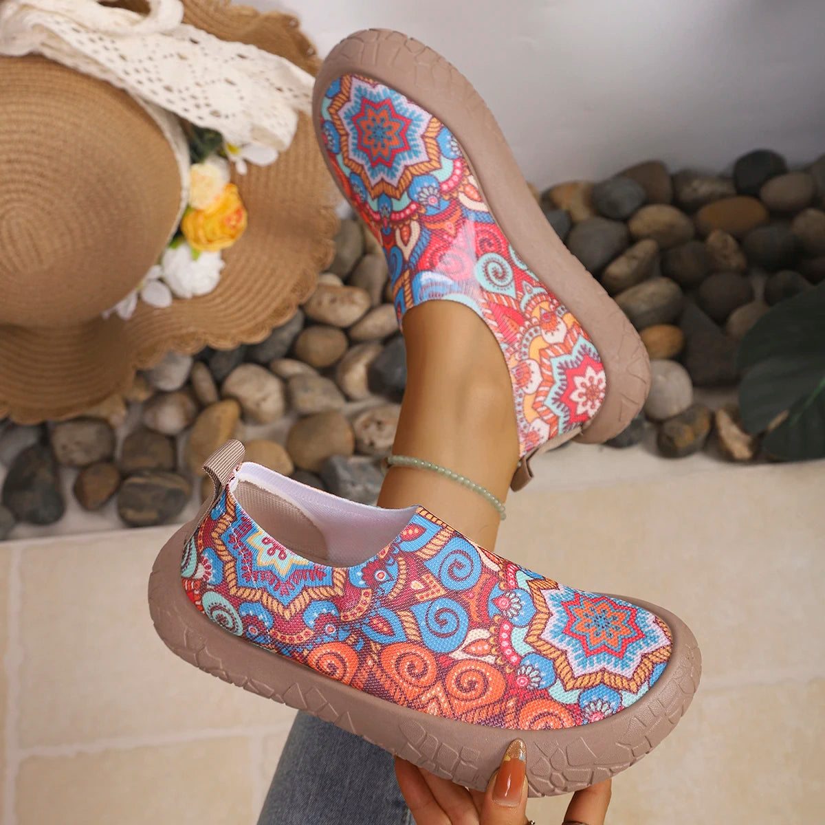 2026 Spring Autumn Women Tropical Print Slip On Sneakers Light Breathable Nonslip Mesh Casual Walking Shoes Daily Outdoor Commut