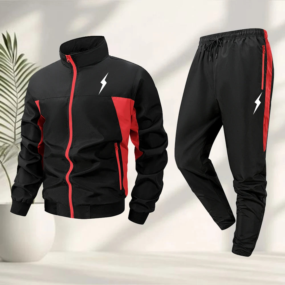 Men’s Lightning Print Sportswear Tracksuit Set – Zip-Up Jacket & Matching Trousers for Outdoor Fitness, Cycling & Casual Active Wear