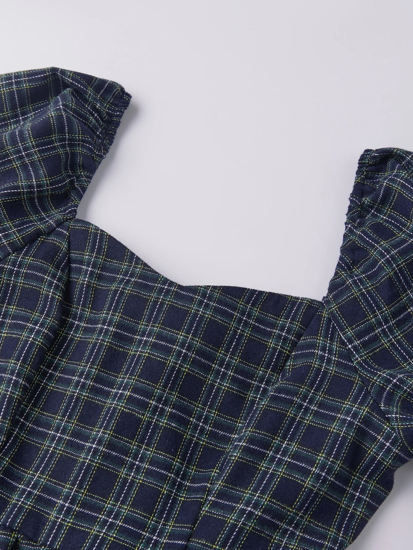Plaid Puff-Sleeve Midi Dress