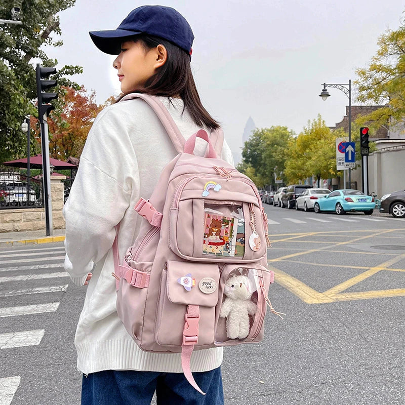 Cute Women’s Waterproof Nylon Backpack – Multi-Pocket Kawaii School Bag, Laptop & Book Pack for Girls, Stylish Student Travel Backpack