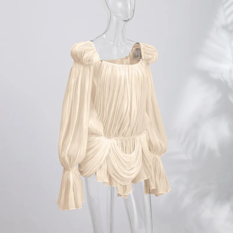 Women’s Pleated Puff Sleeve Mini Dress