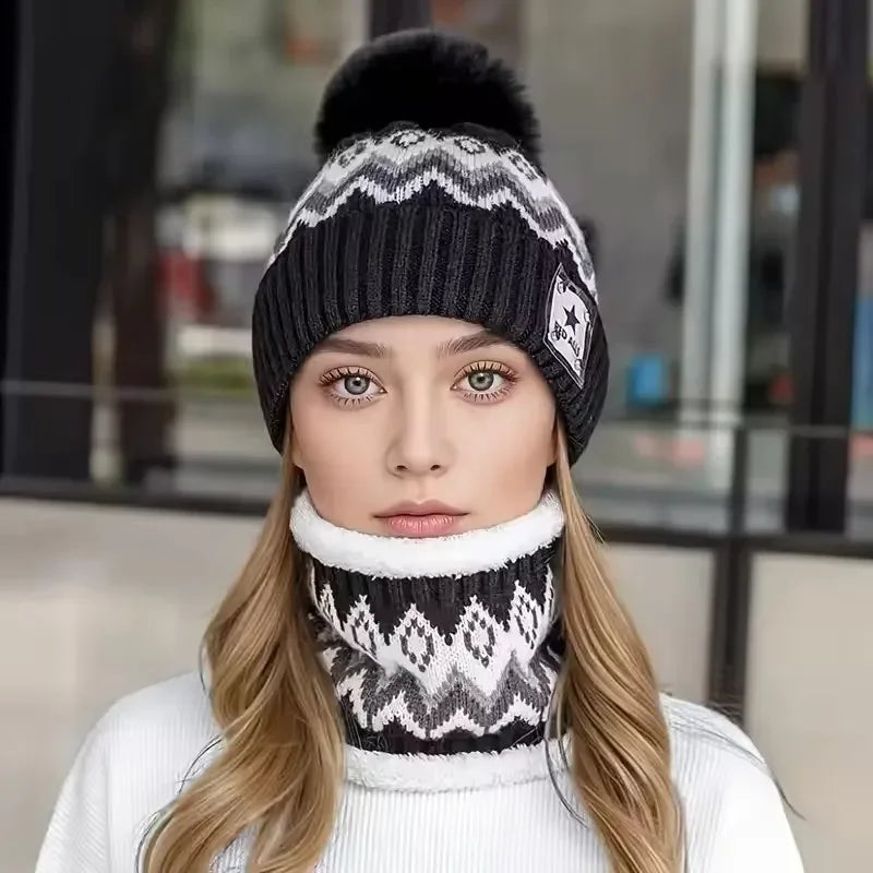 2PCS Winter Women Plush Velvet Hats Neck Warmer Hat Scarf Set Beanies Cycling Windproof Hat Outdoor Ear Protection Outdoor